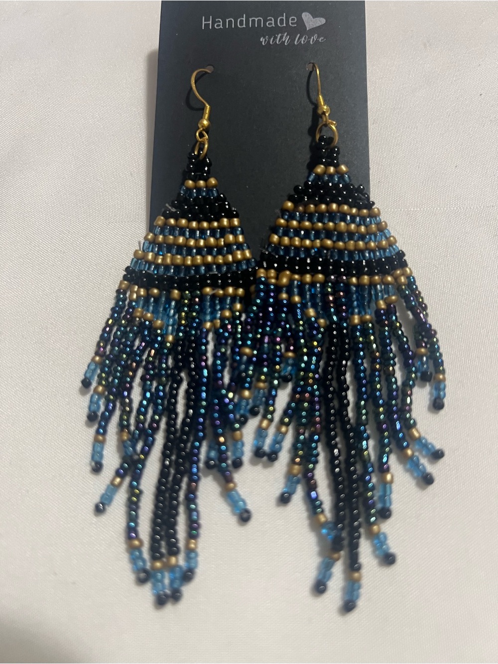 Handmade Blue and Gold Beaded Fringe Earrings by